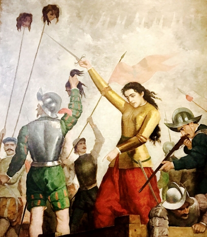 Oljemålning av Inés Suárez vid försvaret av Santiago, i nuvarande Chile, 1541.