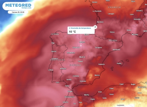Väderprognosen från Meteored spår upp till tio grader varmare än normalt för säsongen. Karta: Meteored