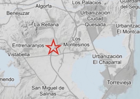 Skalvet hade sitt epicentrum vid Los Montesinos. Karta: Proyecto Astral