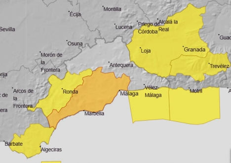 Det väntas upp till 100 millimeter regn under måndagen väster om Málaga stad. Karta: Aemet