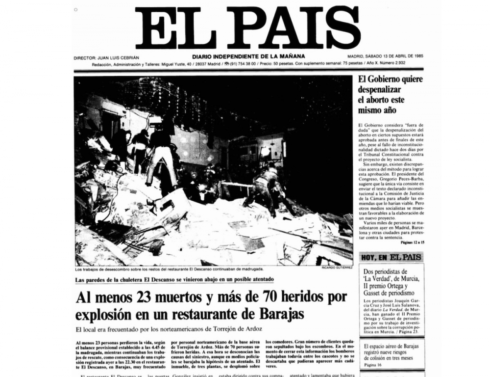 Omslaget av tidningen El País den 13 april 1985, dagen efter det ännu olösta attentatet.