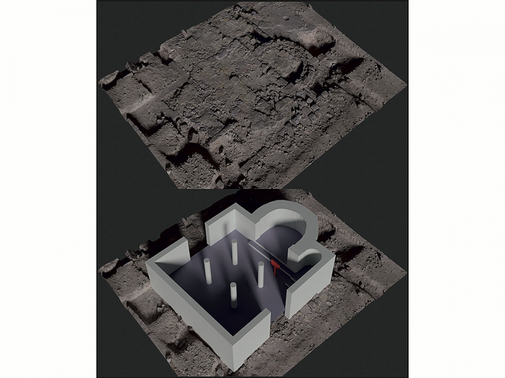 Skiss av den upptäckta synagogan, som publicerats i en vetenskaplig rapport. Foto: Arias