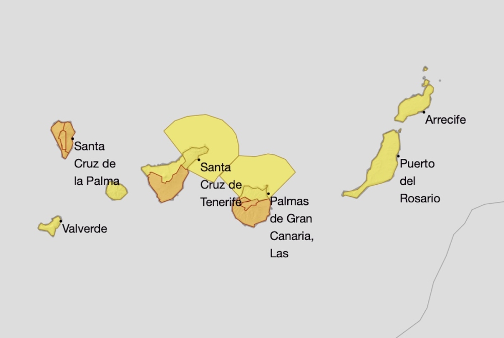Vädervarningar gäller i hela ögruppen med risk för hårda vindar och översvämningar, medan skolor håller stängt på vissa öar. Foto: Aemet