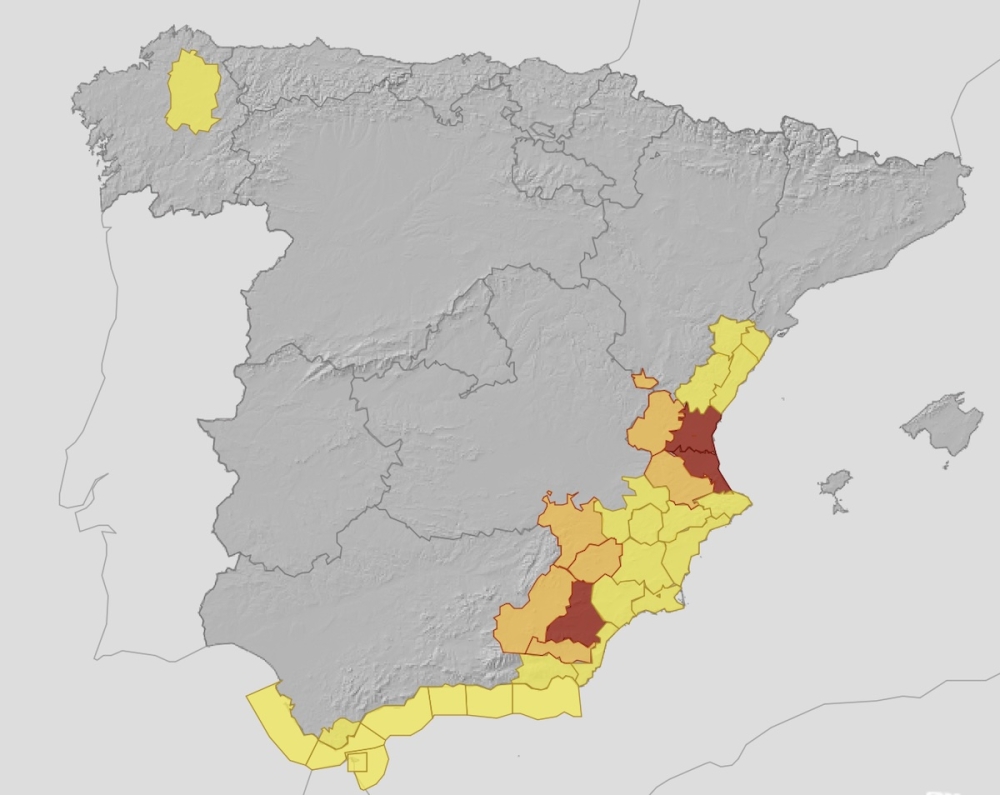 I Valle del Almanzora beräknas nederbörden kunna nå 120 liter per kvadratmeter under söndagens första tolv timmar. Karta: Aemet