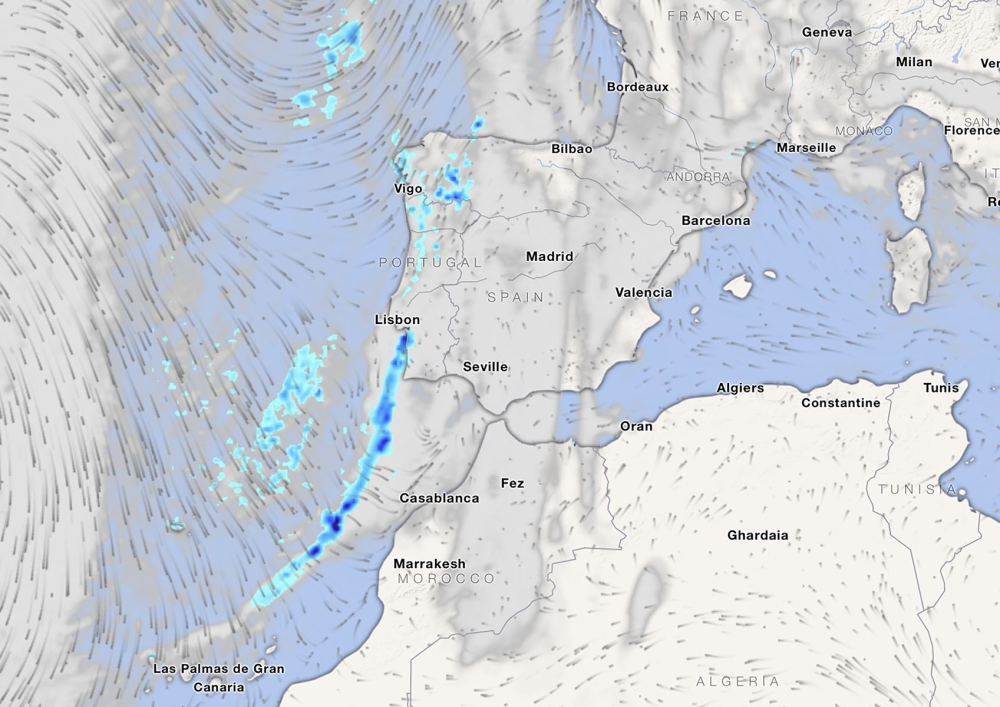 På Kanarieöarna väntas lokalt kraftiga skyfall från och med torsdag. Karta: Meteored