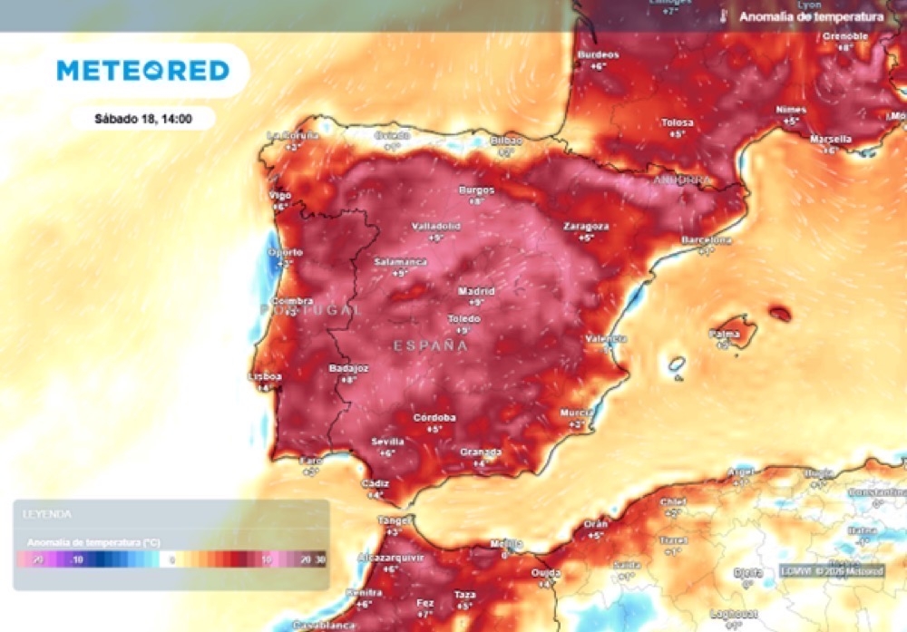 I s&ouml;der kan helgen bjuda p&aring; temperaturer som normalt h&ouml;r hemma betydligt l&auml;ngre fram p&aring; v&aring;ren. Karta: Meteored