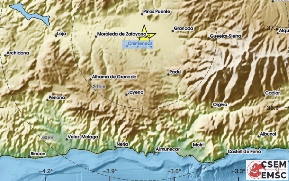 Seismisk aktivitet i södra delen av Spanien är mycket vanligt. Karta: EMSC