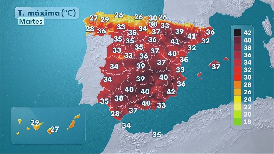 Maxtemperaturer tisdag 21 juli. Foto: RTVE