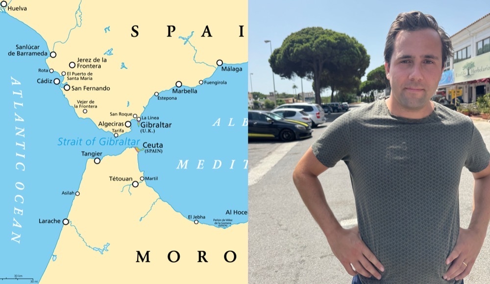 Sveriges bistånds- och utrikeshandelsminister Benjamin Dousa kan nästan se över till Ceuta från sin nuvarande semesterort på den spanska solkusten. Foto: Depositphotos/Privat