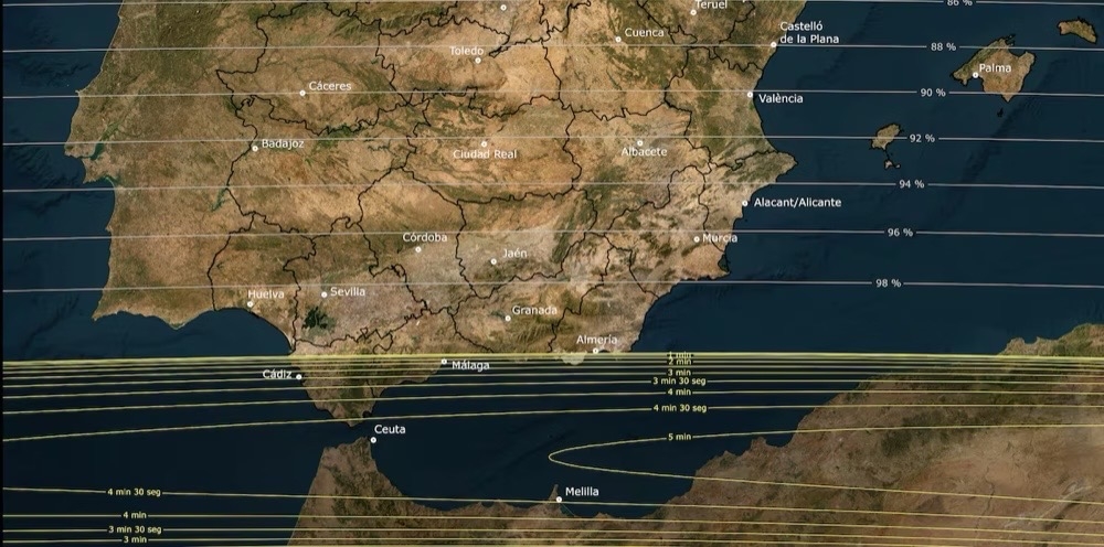 Andalusiens sydkust samt Ceuta och Melilla får uppleva flera minuters total mörkläggning den 2 augusti 2027. Foto: IGN