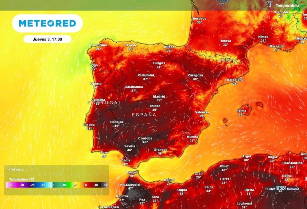 Varm luft från Nordafrika ger tropiska nätter, saharadamm och lokalt temperaturer på upp till 43 grader. Karta: Meteored