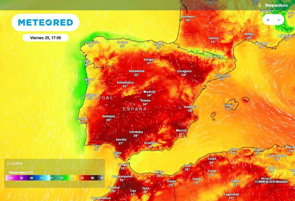 Den sahariska högtrycksryggen håller kvar sommarvärmen över Iberiska halvön, trots skiftet av årstid. Karta: Meteored