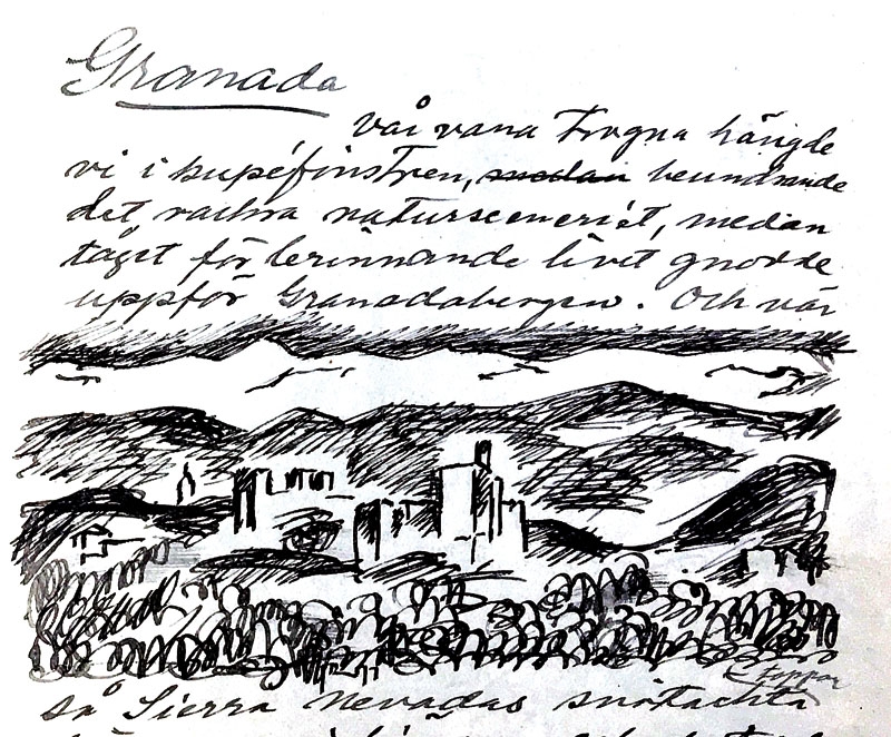 Kapitlet om Granada är det sista i Sigge Jernmarks resebok och beskriver hur han och Ninni Billing anländer till staden och hur Ninni insjuknar dagen efter att de besökt Gösta Sandels grav.